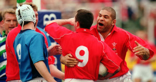 Debut tryscorer Gareth Cooper is congratulated by Colin Charvis,  Wales v Italy, Cardiff, April 8 2001