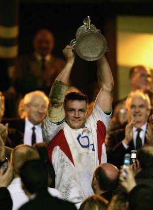 England skipper Martin Corry lifts the Calcutta Cup after his side's win over Scotland at Twickenham, March 19 2005