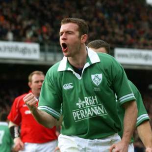 Geordan Murphy celebrates a try during Ireland's 54-10 Six Nations win over Wales at Lansdowne Road, February 3 2002