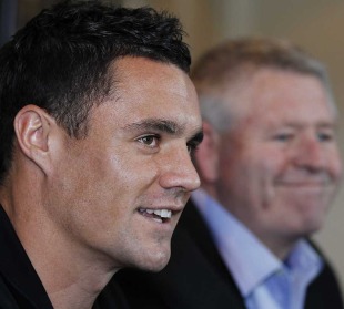 All Blacks fly-half Dan Carter and NZRU chief executive Steve Tew, New Zealand Rugby Union press conference, Clearwater Golf Resort, Christchurch, New Zealand, May 18, 2011