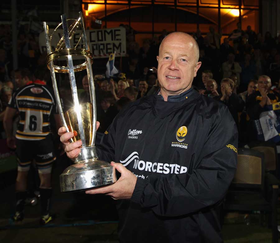 Worcester head coach Richard Hill poses with the RFU Championship silverware