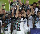 Harlequins celebrate with the Amlin Challenge Cup silverware