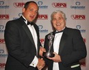 David Barnes receives the RPA Try of the Year award from Stuart Barnes