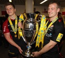Saracens' Owen Farrell and James Short pose with the Premiership silverware