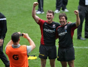 Owen Farrell takes a picture of son Owen and Schalk Brits, Leicester Tigers v Saracens, Aviva Premiership Final, Twickenham Stadium, London, England, May 28, 2011