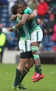 South Africa's Sibusiso Sithole is congratulated on his match-winning score