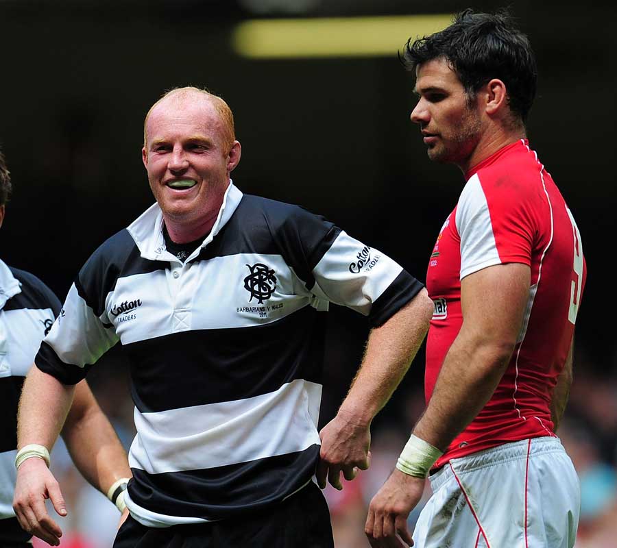 Barbarians flanker Martyn Williams laughs at the final whistle
