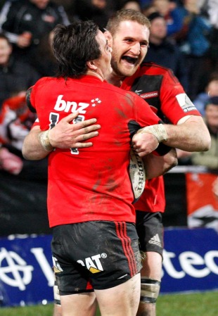 The Crusaders' Kieran Read and Zac Guildford celebrate a try, Crusaders v Blues, Super Rugby, Alpine Stadium, Timaru, New Zealand, June 11, 2011