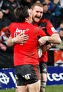The Crusaders' Kieran Read and Zac Guildford celebrate a try