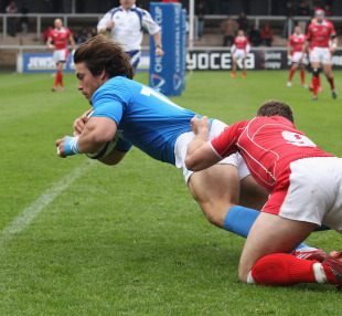 Italy 'A' centre Matteo Pratichetti dives over, Italy 'A' v Russia, Churchill Cup, Kingsholm, Gloucester, England, June 12, 2011