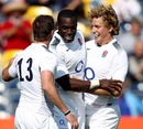 England Saxons winger Miles Benjamin is congratulated on a try