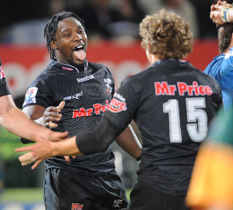 The Sharks' Lwazi Mvovo celebrates scoring a try