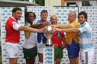 The captains of the six sides competing at the 2011 IRB Nations Cup in Bucharest, Georgia, South Africa Kings, Namibia, Portugal, Romania and the Argentina Jaguars, Bucharest, Romania, 