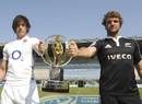 England captain Alex Gray and New Zealand captain Luke Whitelock pose with the JWC trophy