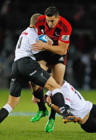 The Crusaders' Sonny Bill Williams is shackled by the Sharks' defence,  Crusaders v Sharks, Super Rugby Qualifier, Trafalgar Park, Nelson, New Zealand, June 25, 2011