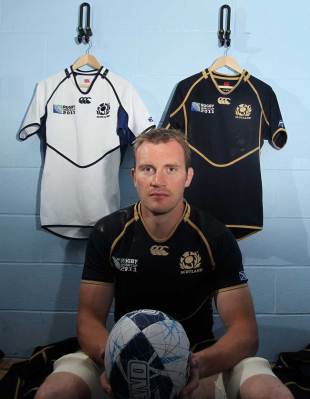 Alastair Kellock poses at the launch of Scotland's new World Cup shirt, Murrayfield, Scotland, June 28, 2011