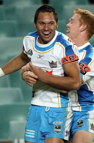 The Western Force's new signing Jordan Rapana scores against the Roosters back in his Gold Coast Titans days, Sydney Football Stadium, July 11, 2008