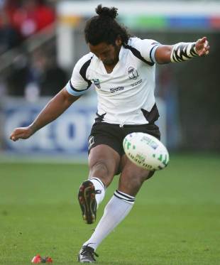 Nicky Little kicks for goal, Wales v Fiji, Narbonne, France, September 29, 2007