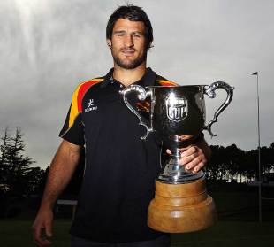 Waikato' Marty Holah poses with the trophy at the 2011 ITM Cup launch, Bayer Growers Stadium, Auckland, New Zealand, July 4, 2011 