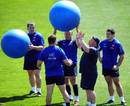 France's forward coach Didier Retiere drives his team during a training session
