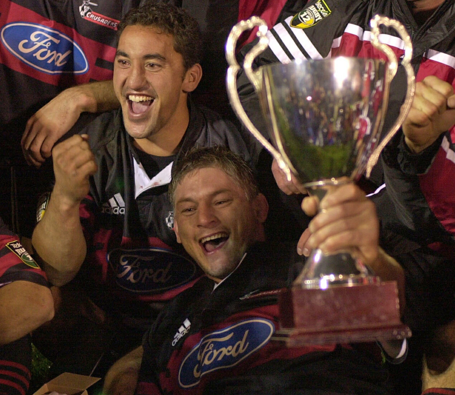 The Crusaders' Daryl Gibson and Todd Blackadder celebrate Super Rugby glory