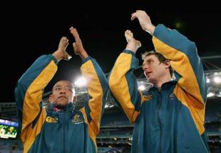 Wallaby legends George Gregan and Stephen Larkham following a Tri Nations victory over South Africa at Telstra Stadium, July 7 2007