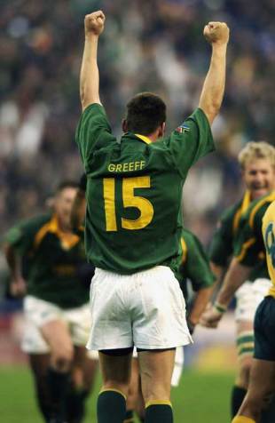 Werner Greeff celebrates his winning conversion to defeat the Wallabies at Ellis Park, August 17 2002