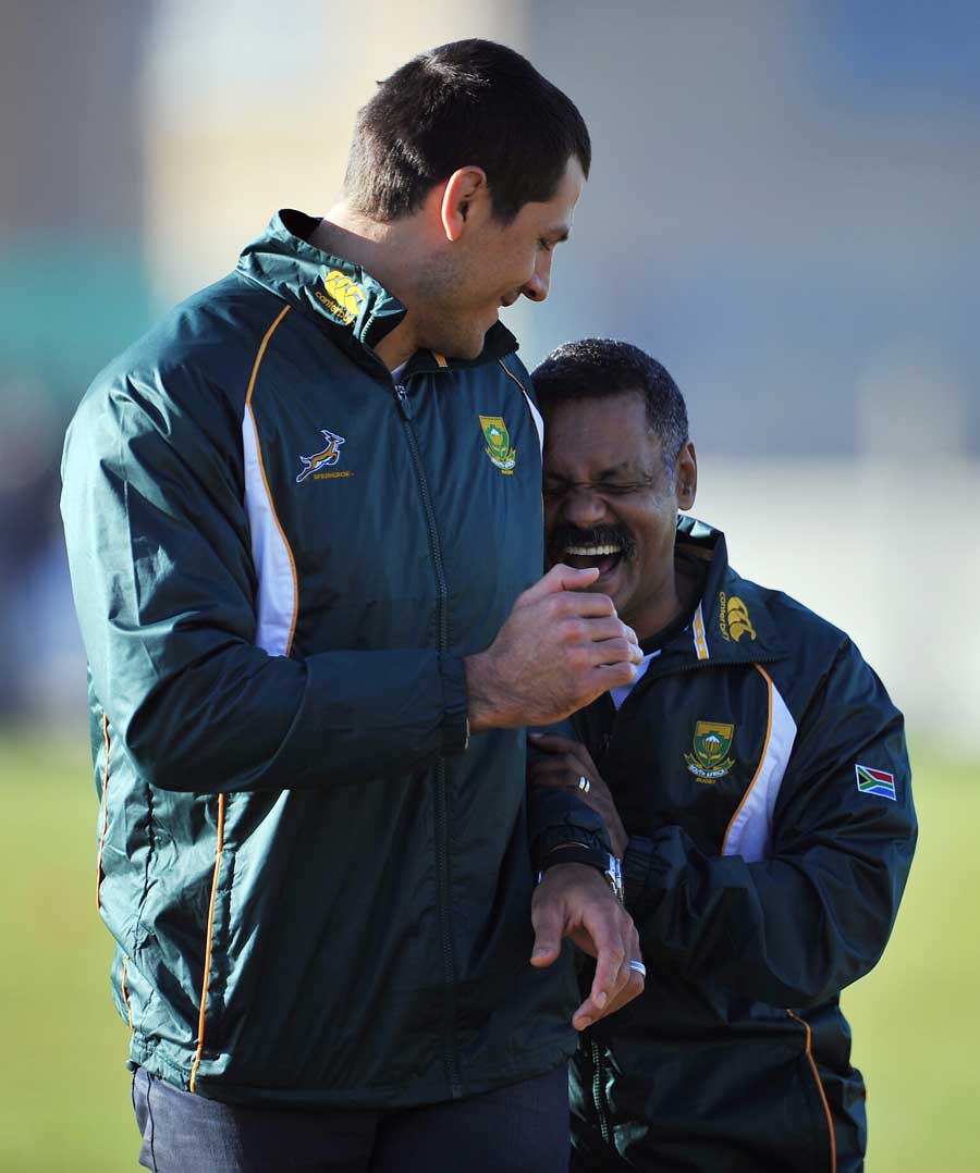Springbok coach Peter de Villiers has a laugh with Pierre Spies in training