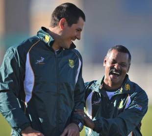 South Africa's Pierre Spies and coach Peter de Villiers share a joke, South Africa training, Florida Park, Cape Town, South Africa, July 8, 2011
