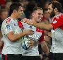 Crusaders fly-half Dan Carter takes the plaudits following his try