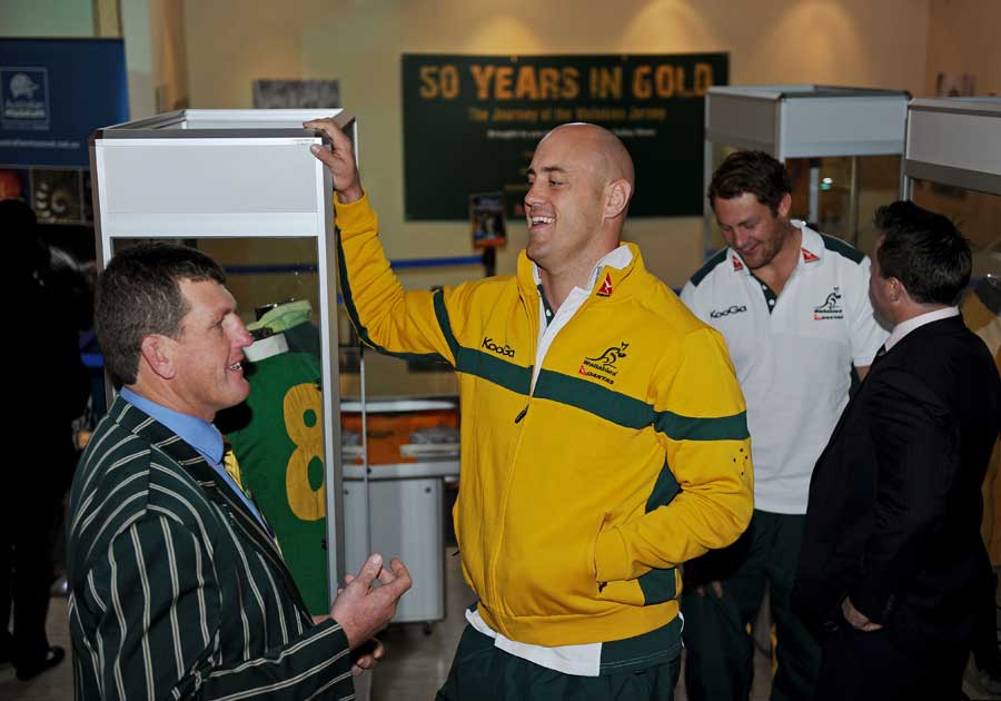 Australia international Nathan Sharpe has a laugh with Tim Gavin at the unveiling of the Wallabies 'Statesmen' 