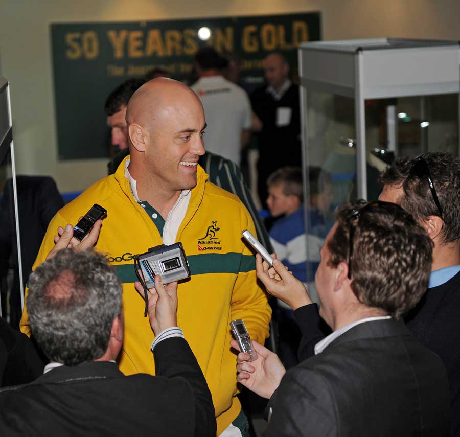Nathan Sharpe talks to the media at the unveiling of the 2011 ARU Classic Wallabies Statesmen
