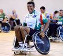 France backs coach Emile N'Tamack grimaces during a game of wheelchair rugby