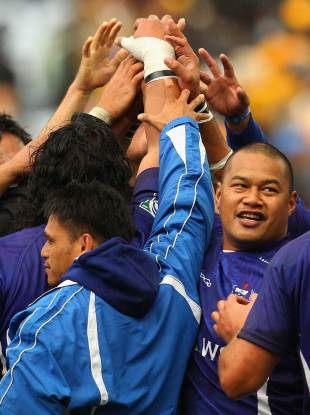 Samoa celebrate their victory over Australia, Australia v Samoa, Stadium Australia, Sydney, Australia, July 17, 2011