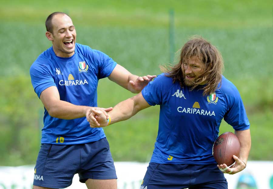 Italy's Sergio Parisse shares a joke with Martin Castrogiovanni, Italy training session, Villabassa, Italy, July 19, 2011