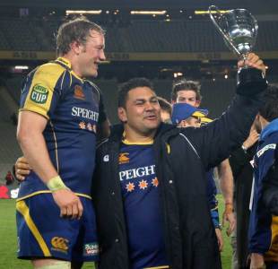Otago's Kees Meeuws holds aloft the Lindsay Colling Memorial trophy following their win over Auckland, Auckland v Otago, ITM Cup, Eden Park, Auckland, New Zealand, July 20, 2011
