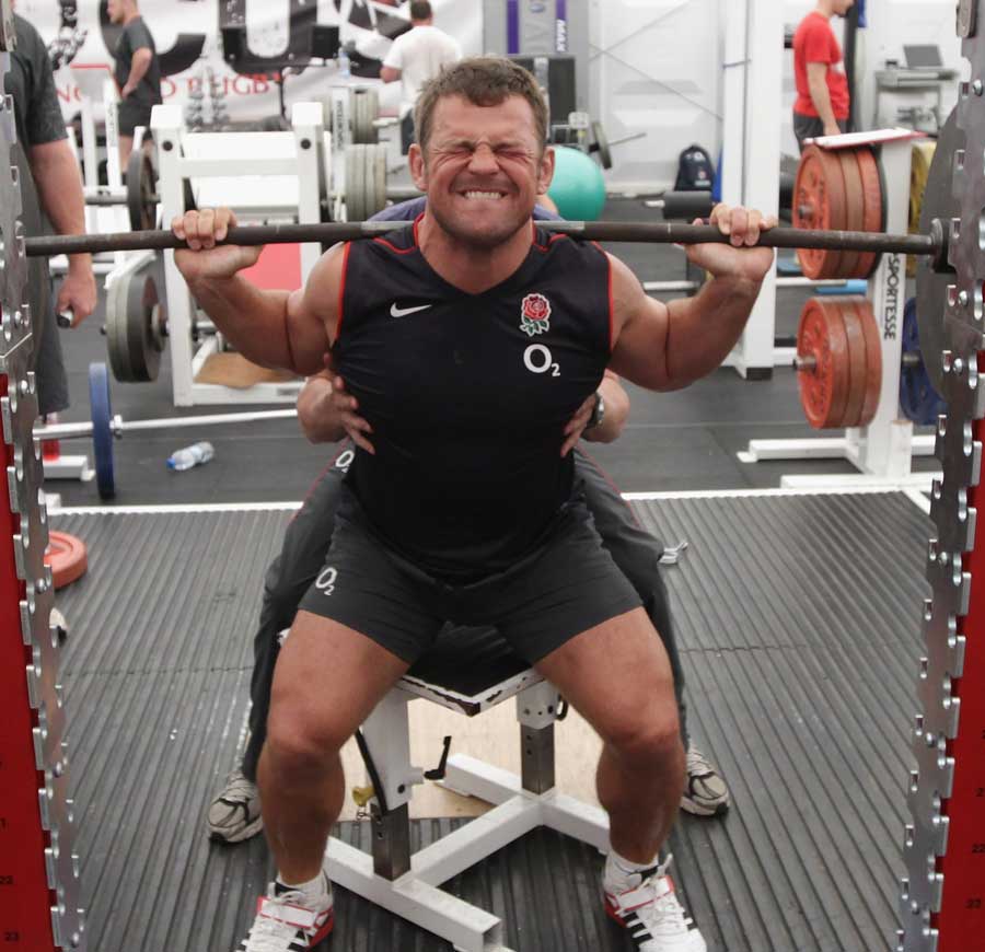 England's Lee Mears feels the strain during a weights session