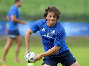 Italy flanker Mauro Bergamasco prepares to pass, Italy training session, Villabassa, Italy, July 13, 2011