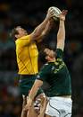 Australia flanker Rocky Elsom claims a lineout ahead of Flip van der Merwe