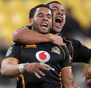 Wellington's Frae Wilson is hugged by Motu Matu'u after scoring a try during round four of the ITM Cup, Wellington v Canterbury, ITM Cup, Westpac Stadium, Wellington, July 27, 2011