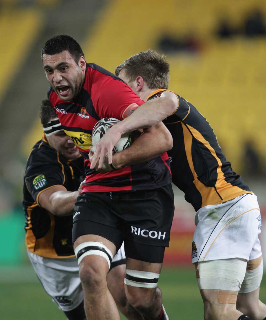 Ash Parker of Canterbury is tackled during their round four ITM Cup match