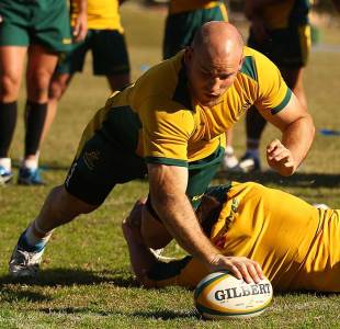 Australia's Stephen Moore vies with a team-mate during training