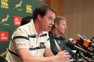 SARU CEO Jurie Roux tackles questions during a press conference, Wellington, New Zealand, July 28, 2011