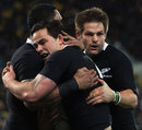 All Blacks wing Zac Guildford is congratulated by team-mates after his first-half try