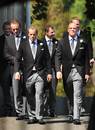 Mike Tindall arrives with Iain Balshaw (far left), James Simpson-Daniel (third left), Andy Beattie (right) for his wedding with Zara Phillips