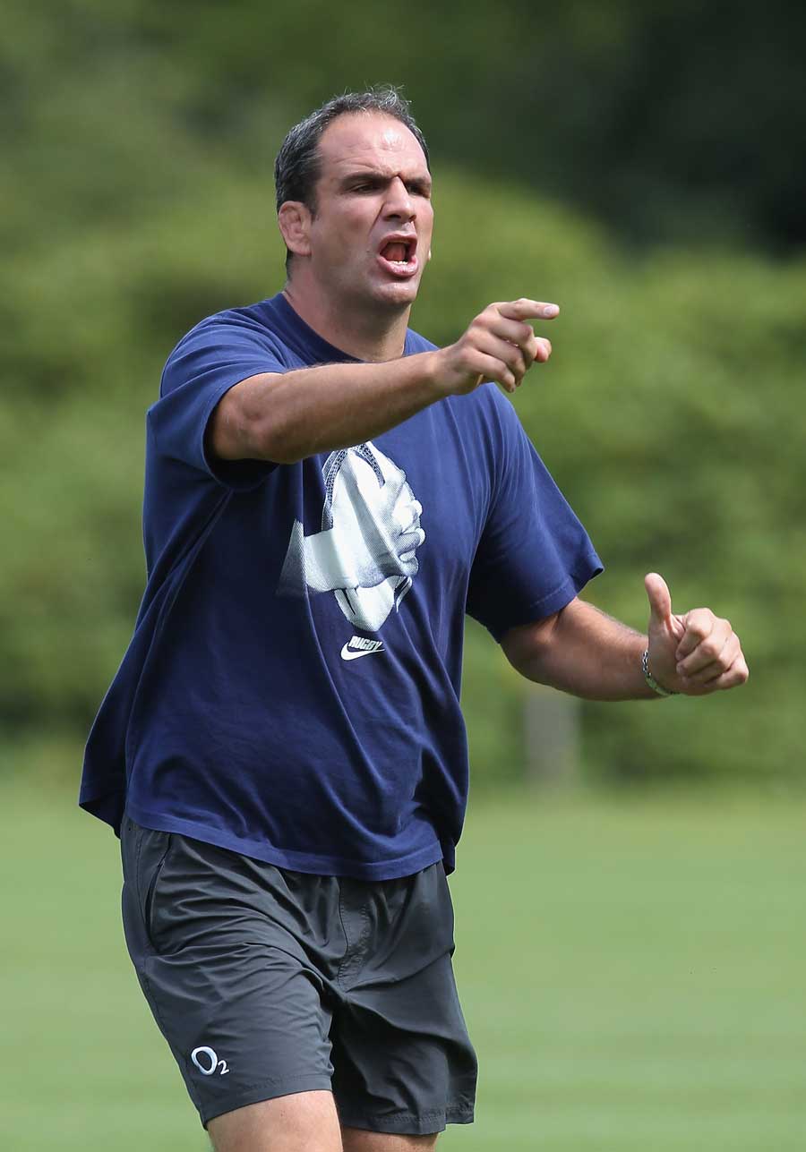 England's Martin Johnson barks the orders during training