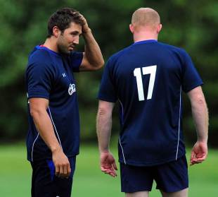 Wales' Gavin Henson chats to team-mate Martyn Williams, Wales training session, Vale of Glamorgan Resort, Cardiff, Wales, August 4, 2011 