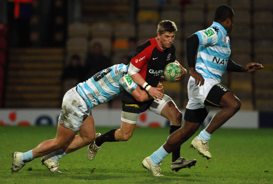 Saracens wing David Strettle looks for a gap in the Racing defence