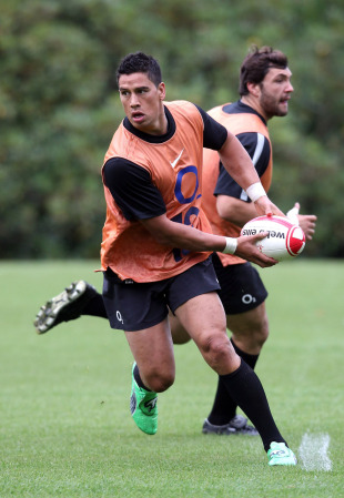 England's Shontayne Hape looks to shift the ball during training, Pennyhill Park, Bagshot, England, August 11, 2011