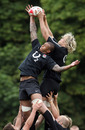 England's Courtney Lawes contests a line-out with Mouritz Botha